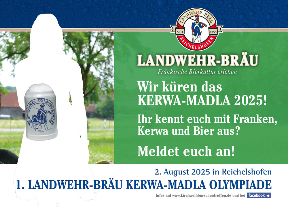 Postkarte Landwehr Bräu sucht das KERWA-MADLA 2025 in Reichelshofen. Sei dabei!