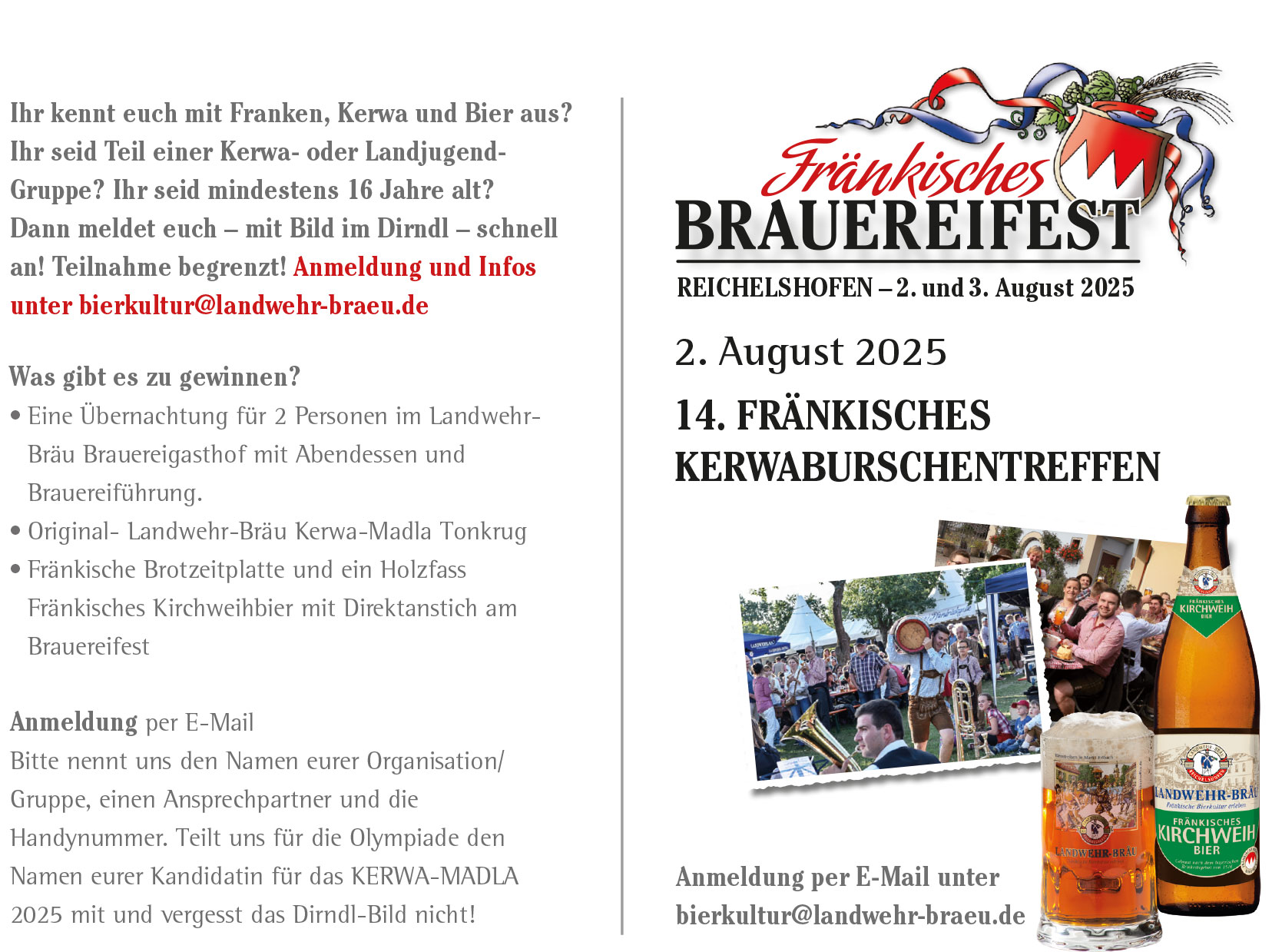 Postkarte Rückseite mit Gewinnspiel Landwehr Bräu sucht das KERWA-MADLA 2025 in Reichelshofen. Sei dabei!